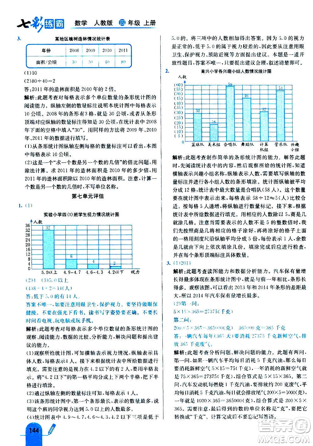 河北教育出版社2020全新版七彩練霸數(shù)學四年級上冊人教版答案