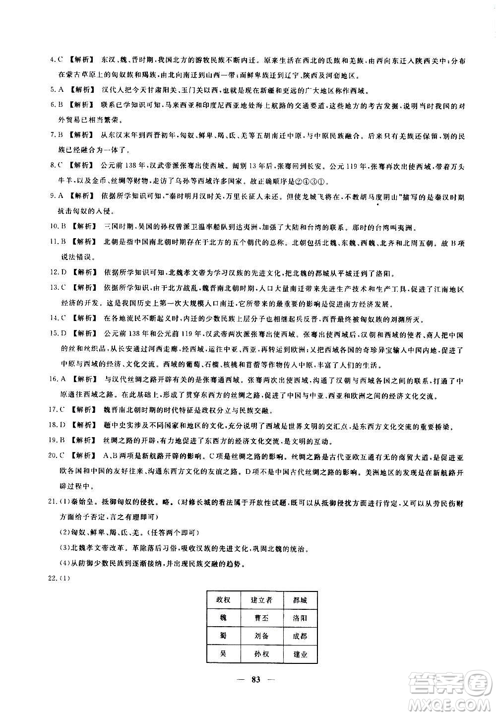 吉林教育出版社2020年黃岡密卷歷史七年級上冊RJ人教版答案