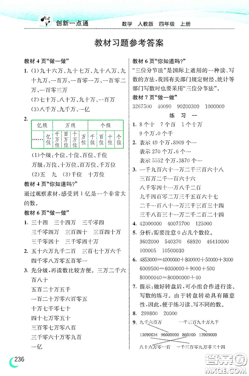 河北教育出版社2020小學(xué)創(chuàng)新一點通四年級數(shù)學(xué)上冊人教版答案