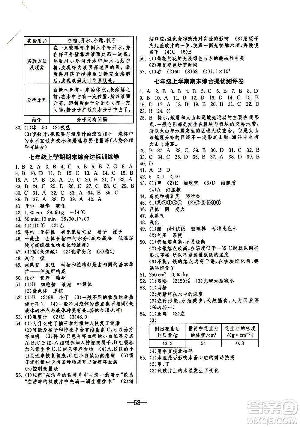 江蘇人民出版社2020年期末闖關(guān)沖刺100分科學(xué)七年級上冊浙教版答案