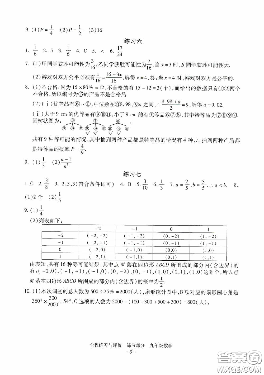 浙江人民出版社2020全程練習(xí)與評(píng)價(jià)九年級(jí)數(shù)學(xué)全一冊(cè)ZH版答案