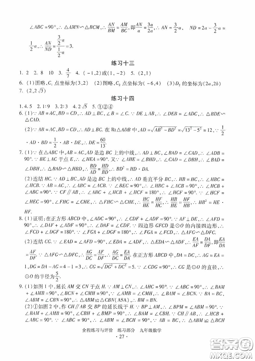 浙江人民出版社2020全程練習(xí)與評(píng)價(jià)九年級(jí)數(shù)學(xué)全一冊(cè)ZH版答案