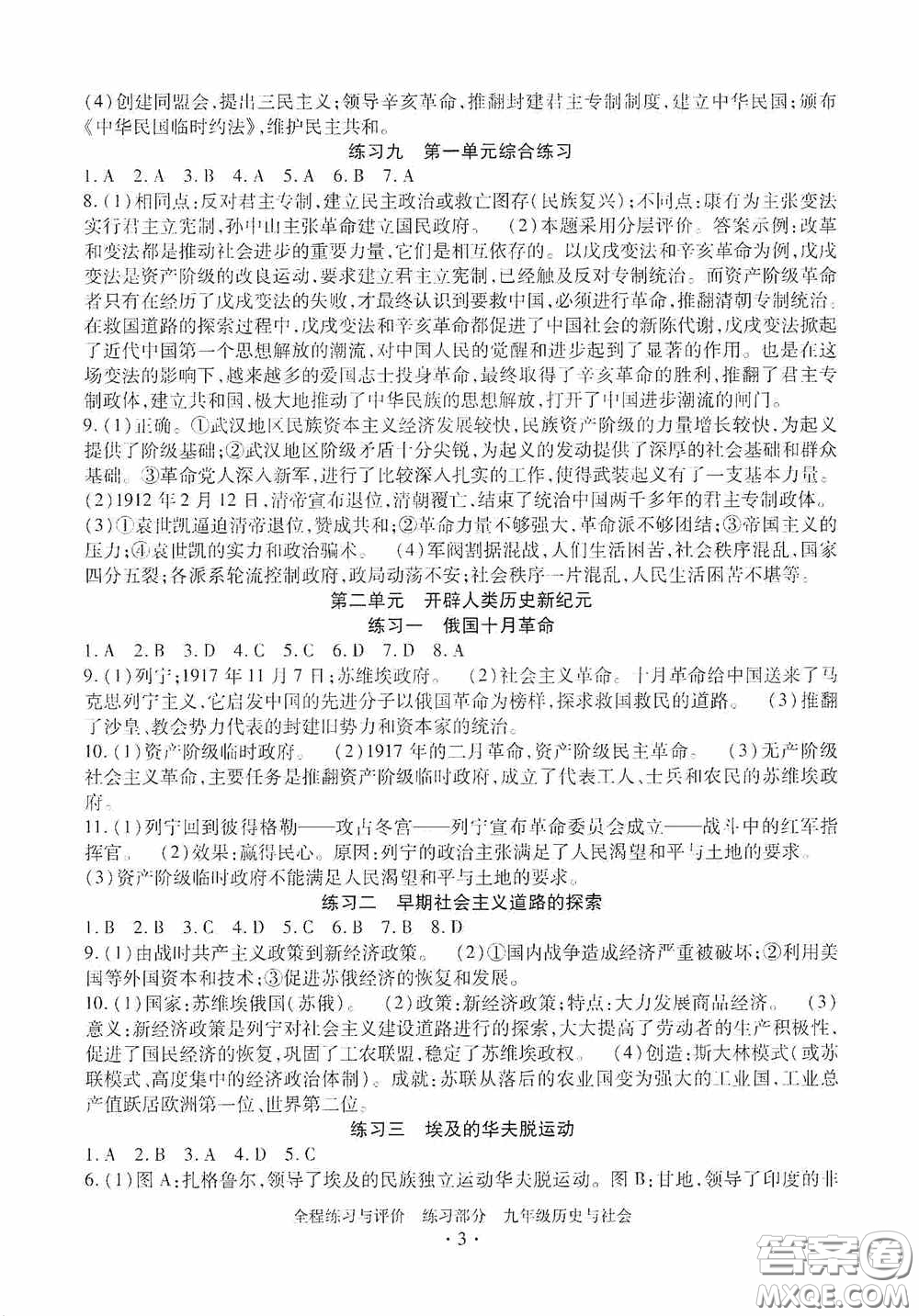 浙江人民出版社2020全程練習(xí)與評價九年級歷史與社會全一冊人教版答案