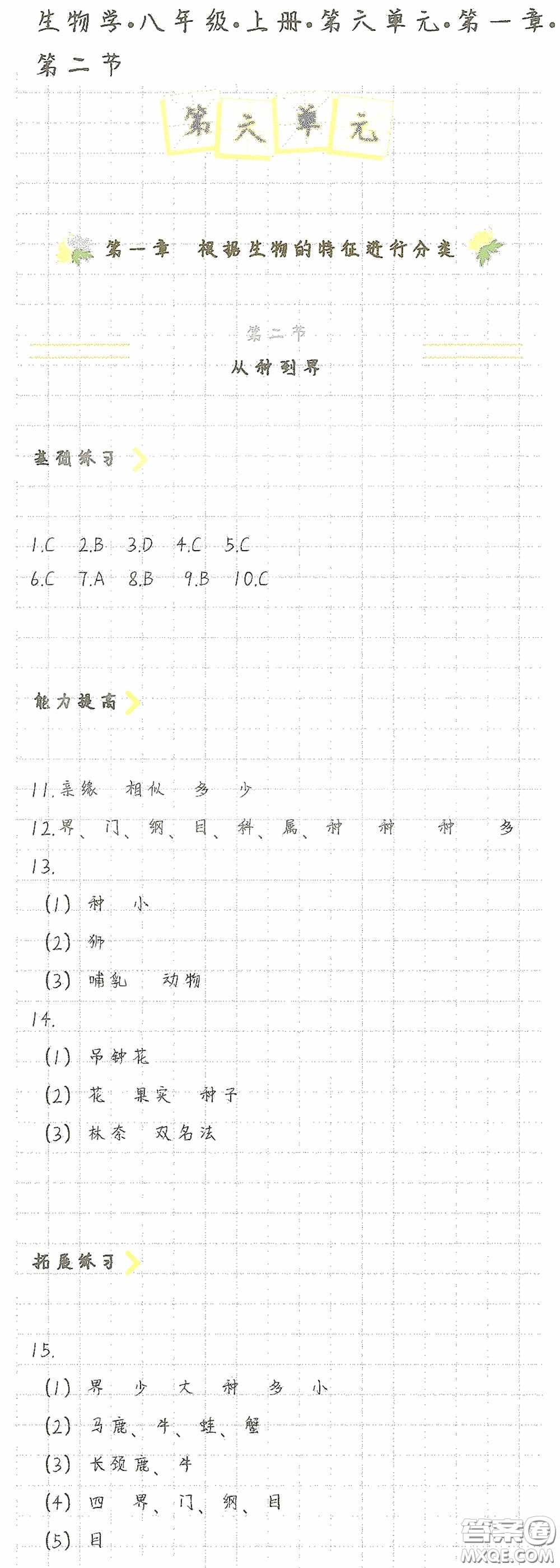 海天出版社2020知識(shí)與能力訓(xùn)練八年級(jí)生物學(xué)上冊(cè)人教版答案