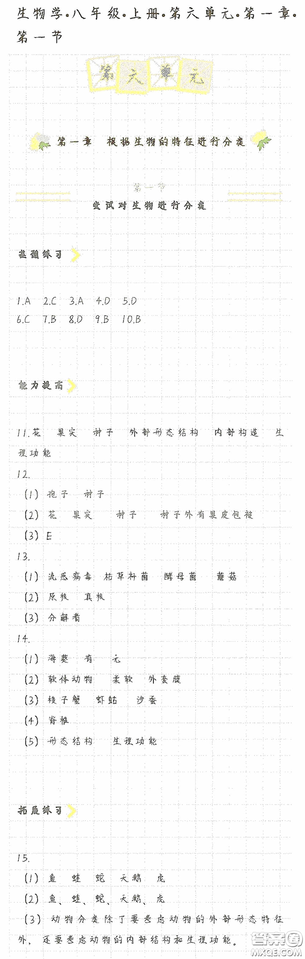 海天出版社2020知識(shí)與能力訓(xùn)練八年級(jí)生物學(xué)上冊(cè)人教版答案