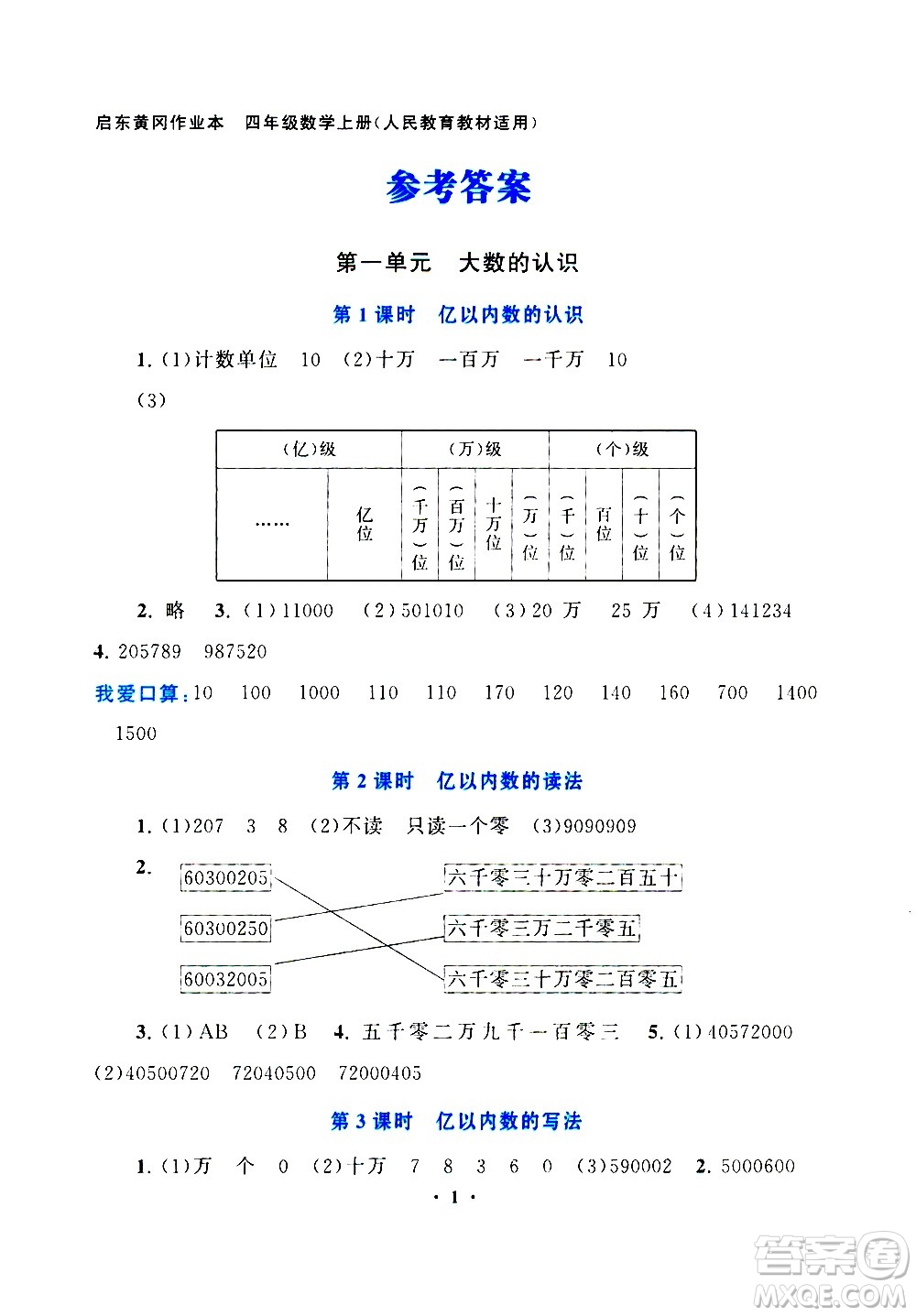 安徽人民出版社2020年啟東黃岡作業(yè)本數(shù)學(xué)四年級(jí)上冊(cè)人民教育版答案