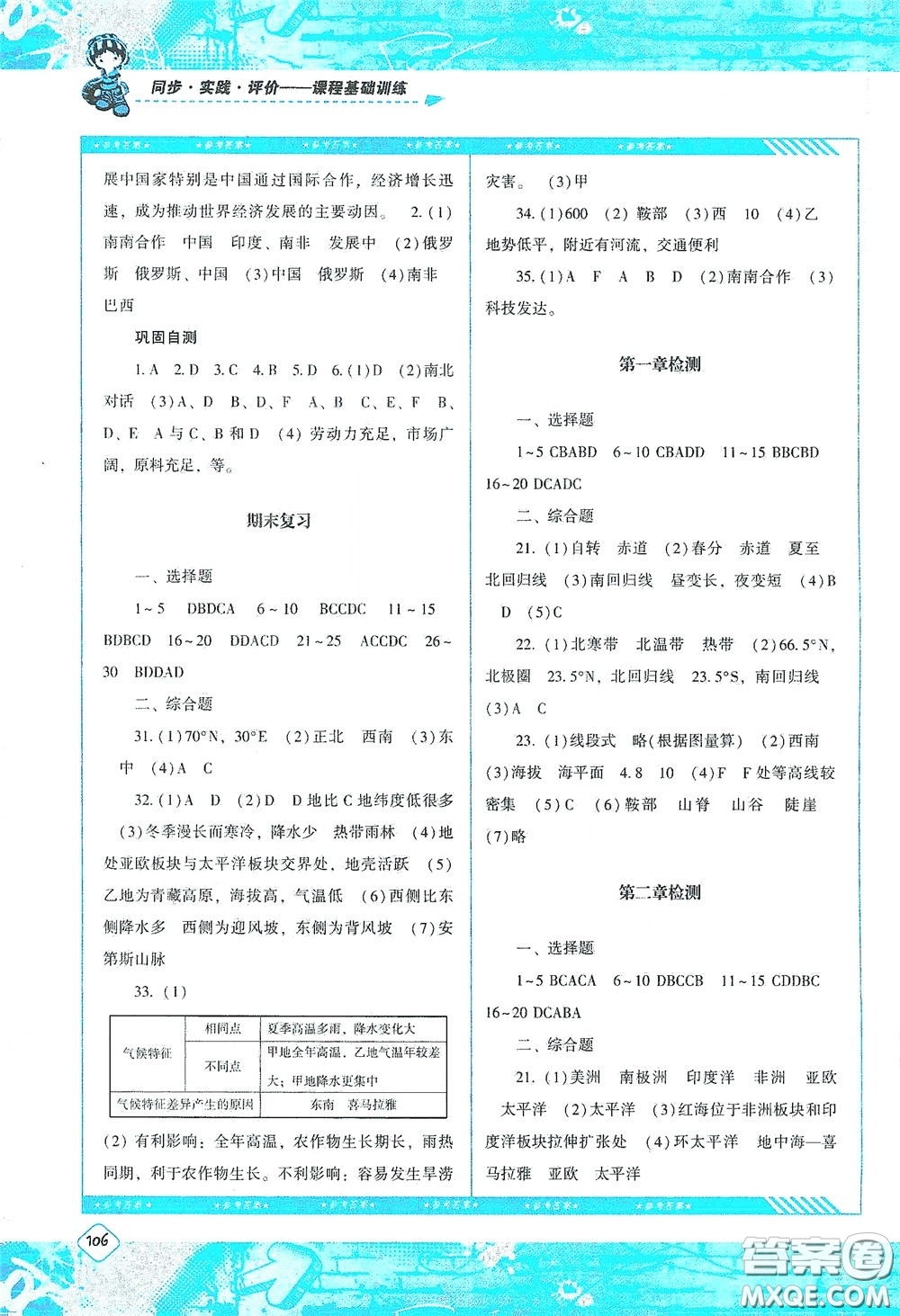 湖南少年兒童出版社2020課程基礎訓練七年級地理上冊人教版答案