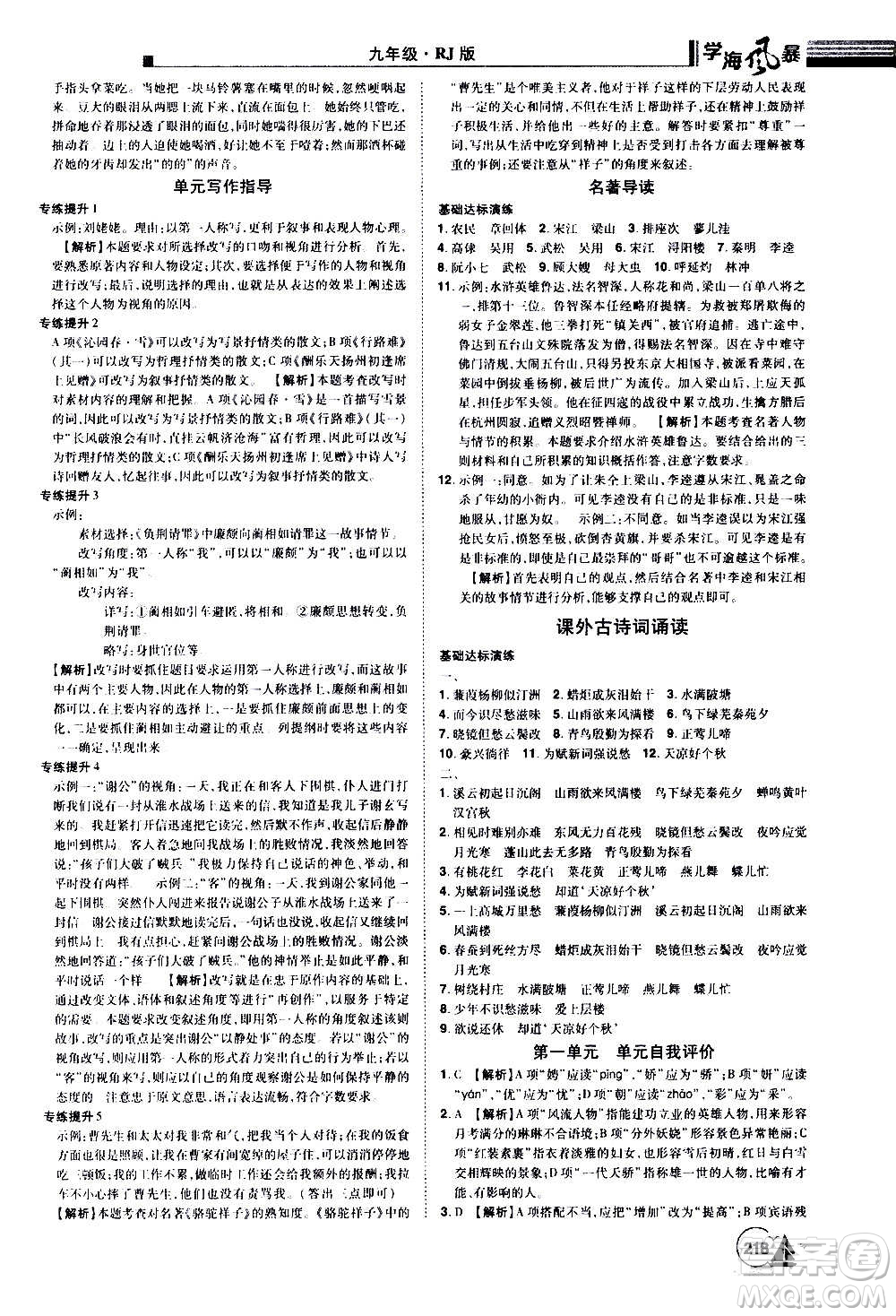 江西美術(shù)出版社2020學(xué)海風(fēng)暴語(yǔ)文九年級(jí)上冊(cè)RJ人教版答案