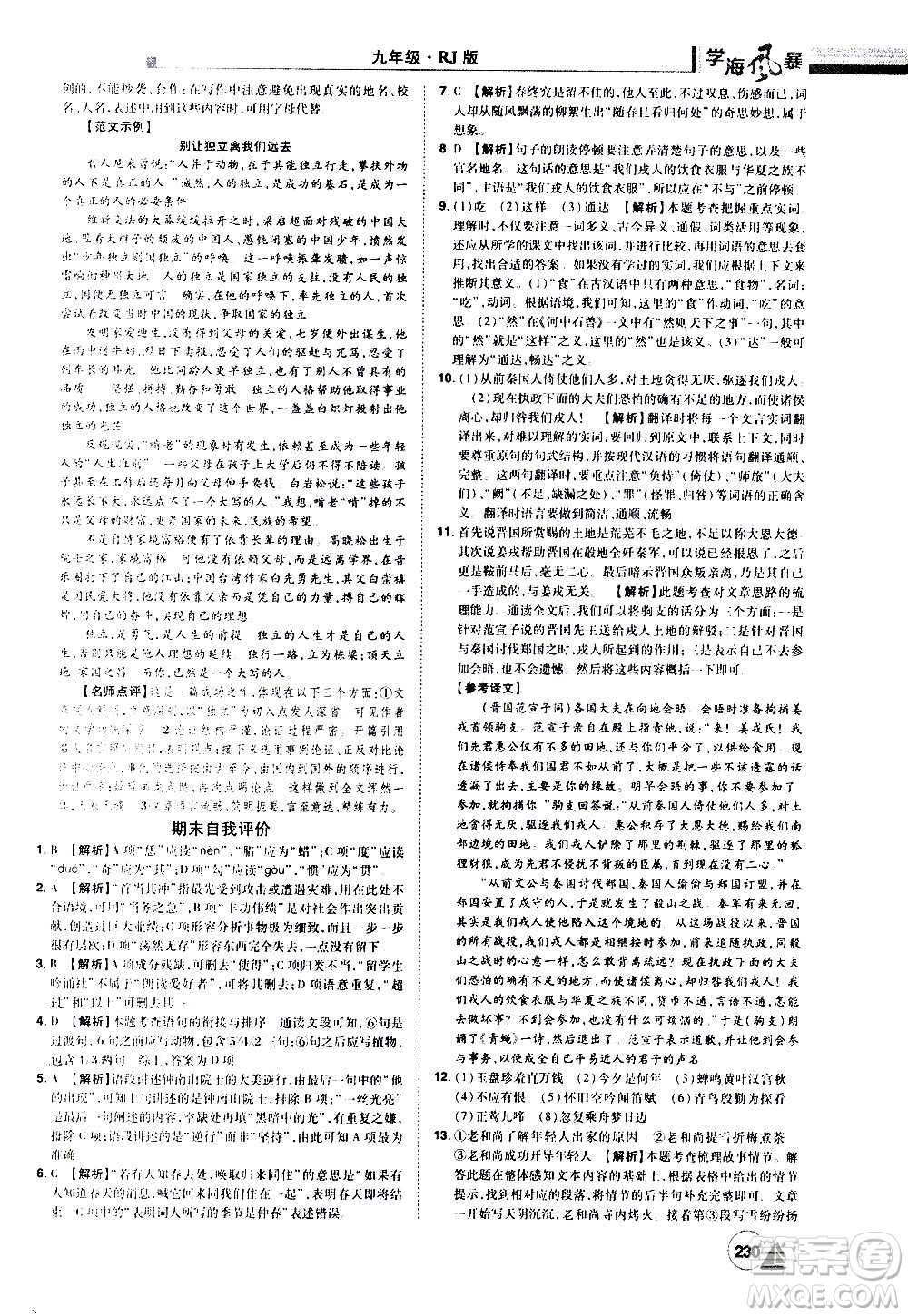 江西美術(shù)出版社2020學(xué)海風(fēng)暴語(yǔ)文九年級(jí)上冊(cè)RJ人教版答案