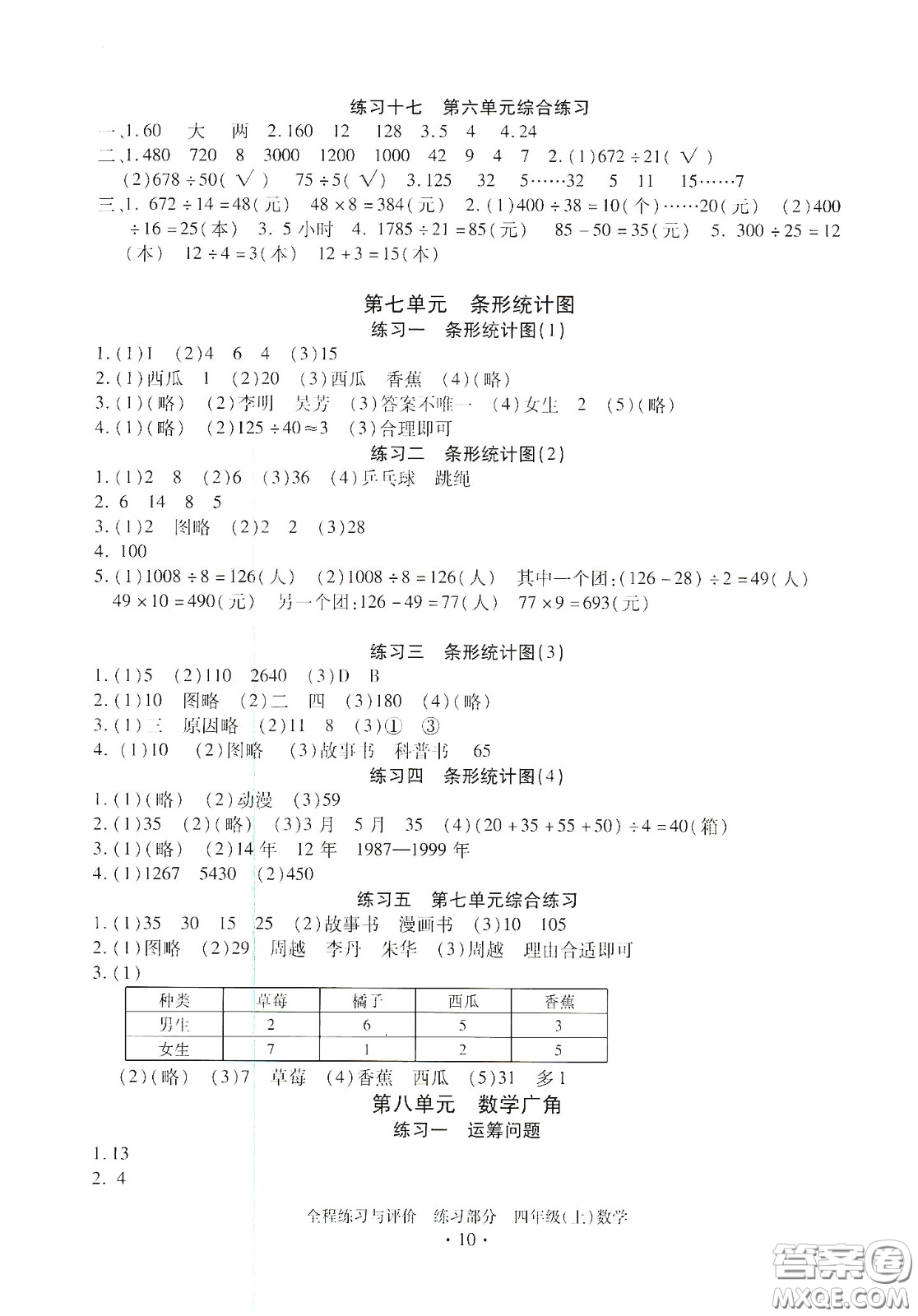 浙江人民出版社2020秋全程練習(xí)與評價四年級數(shù)學(xué)上冊人教版答案