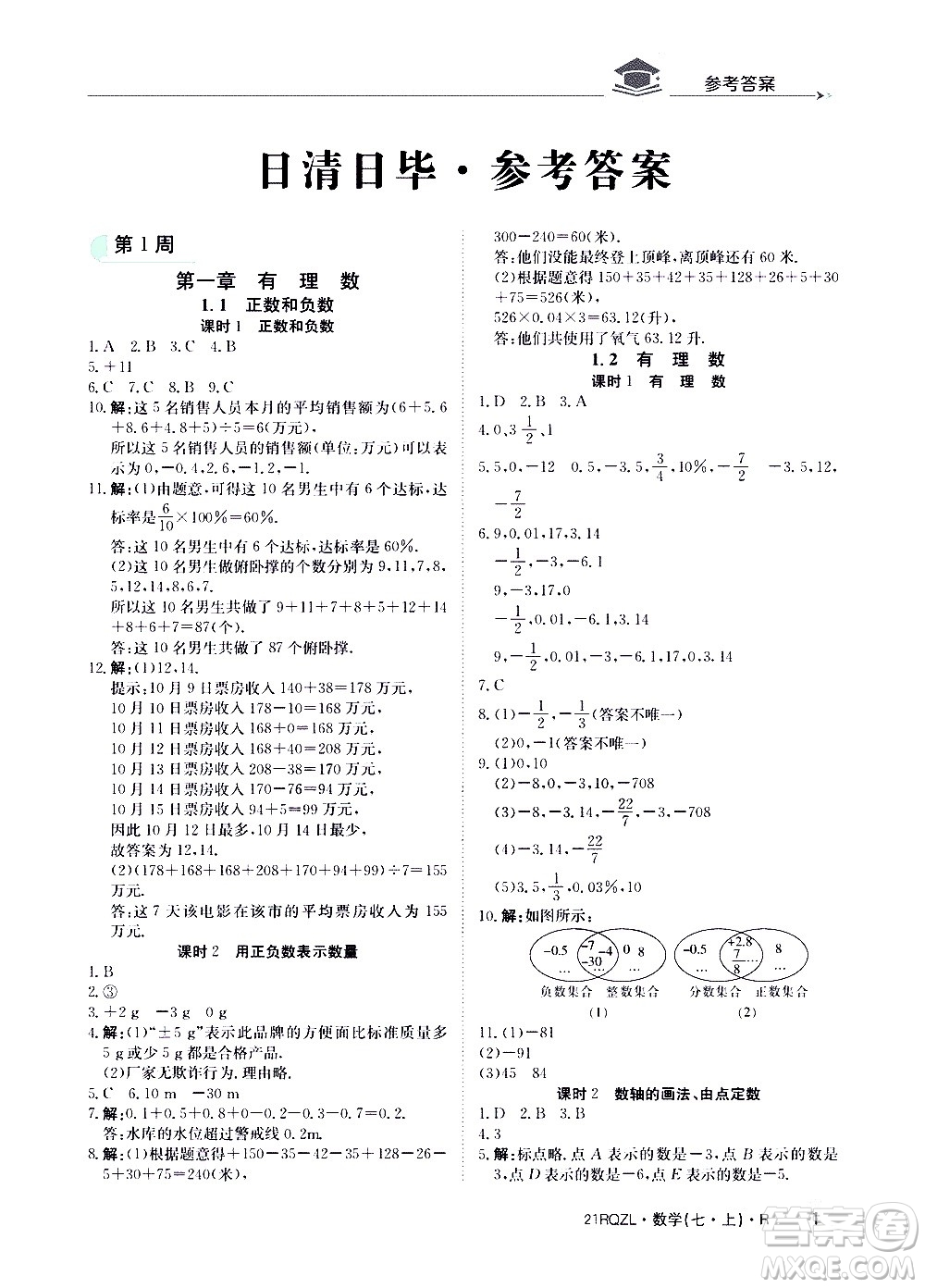 江西高校出版社2020年日清周練數(shù)學(xué)七年級上冊人教版答案