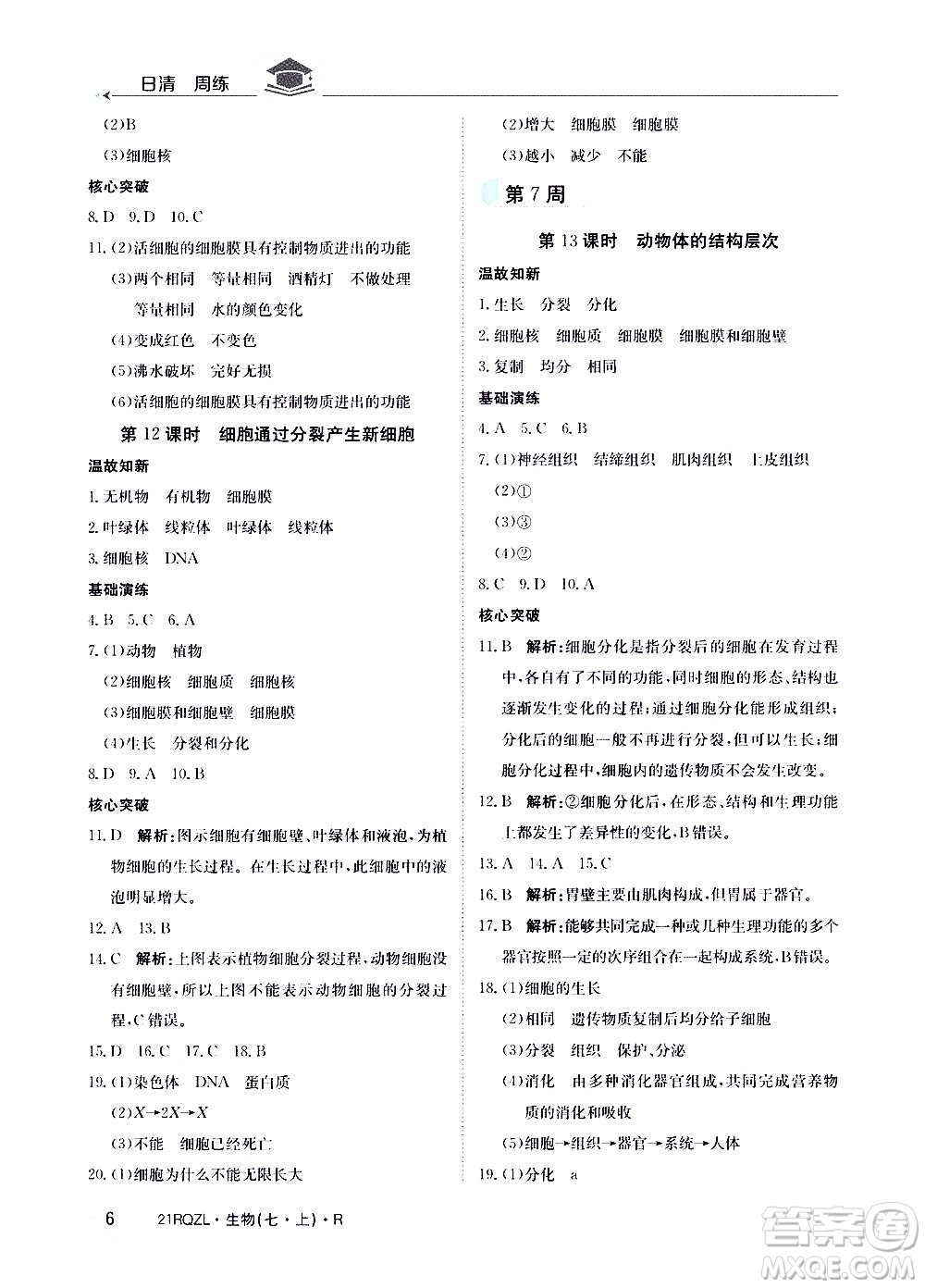 江西高校出版社2021版日清周練生物七年級(jí)上冊(cè)人教版答案