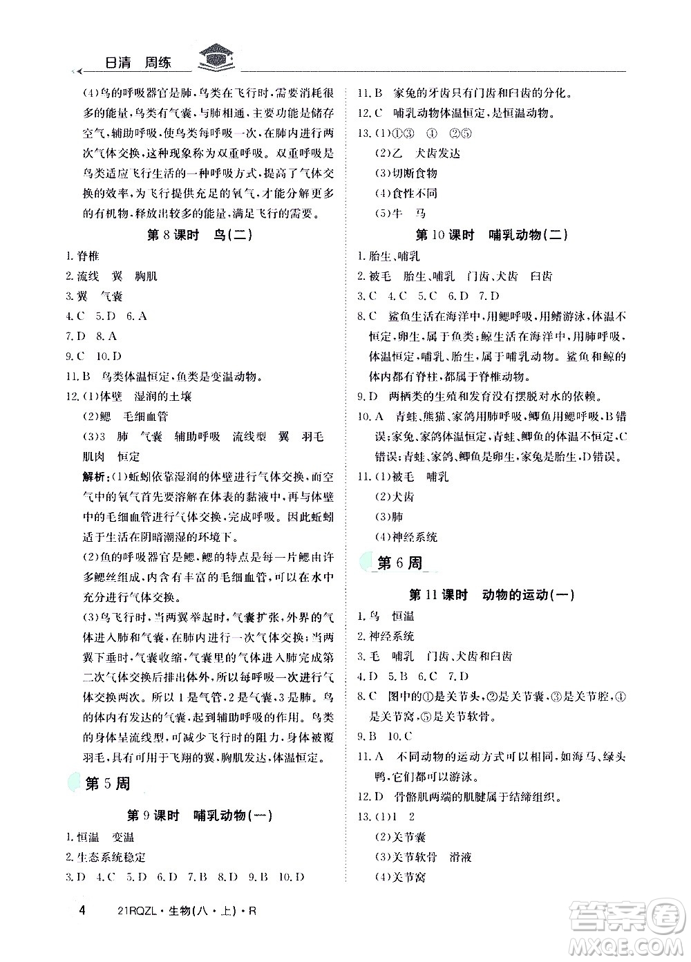 江西高校出版社2021版日清周練生物八年級上冊人教版答案