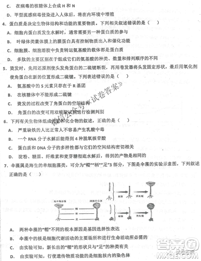 2020年衡水中學(xué)高三年級期中考試生物試卷及答案