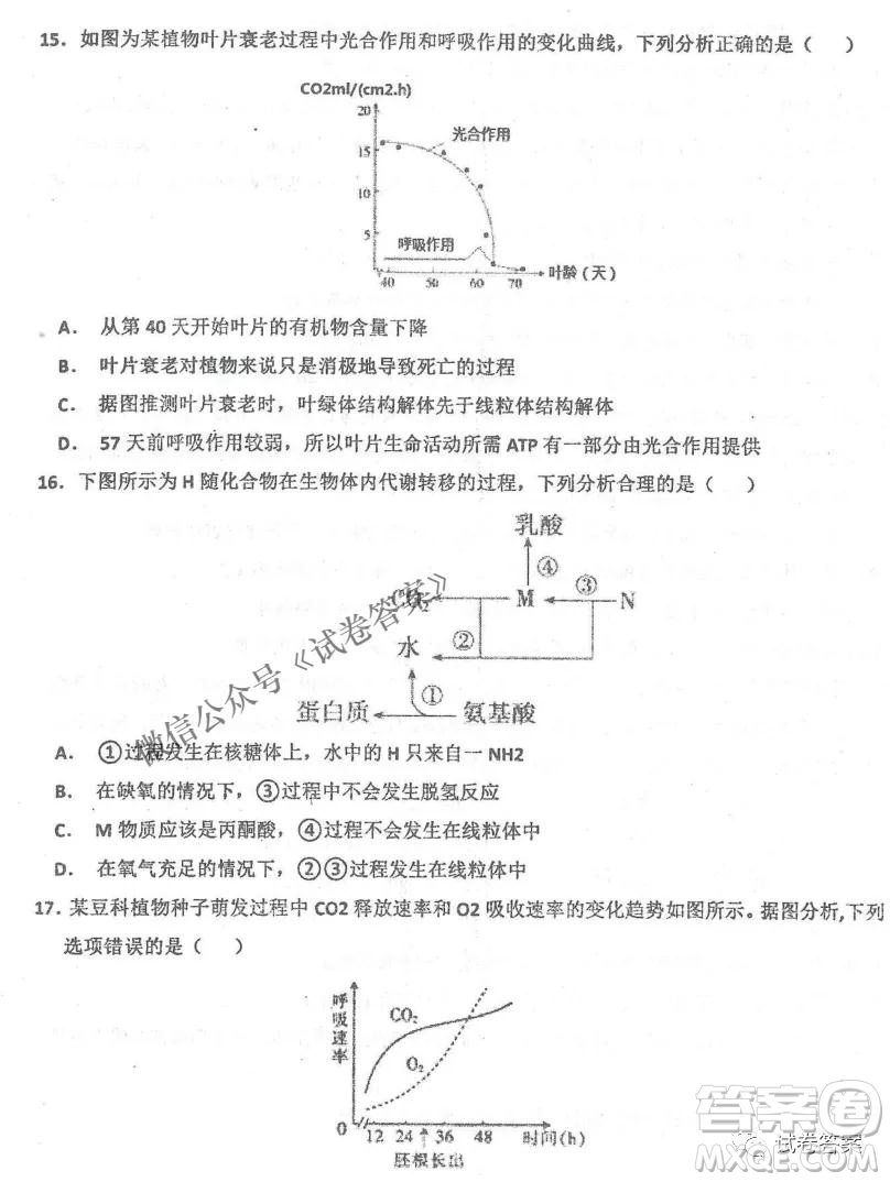 2020年衡水中學(xué)高三年級期中考試生物試卷及答案