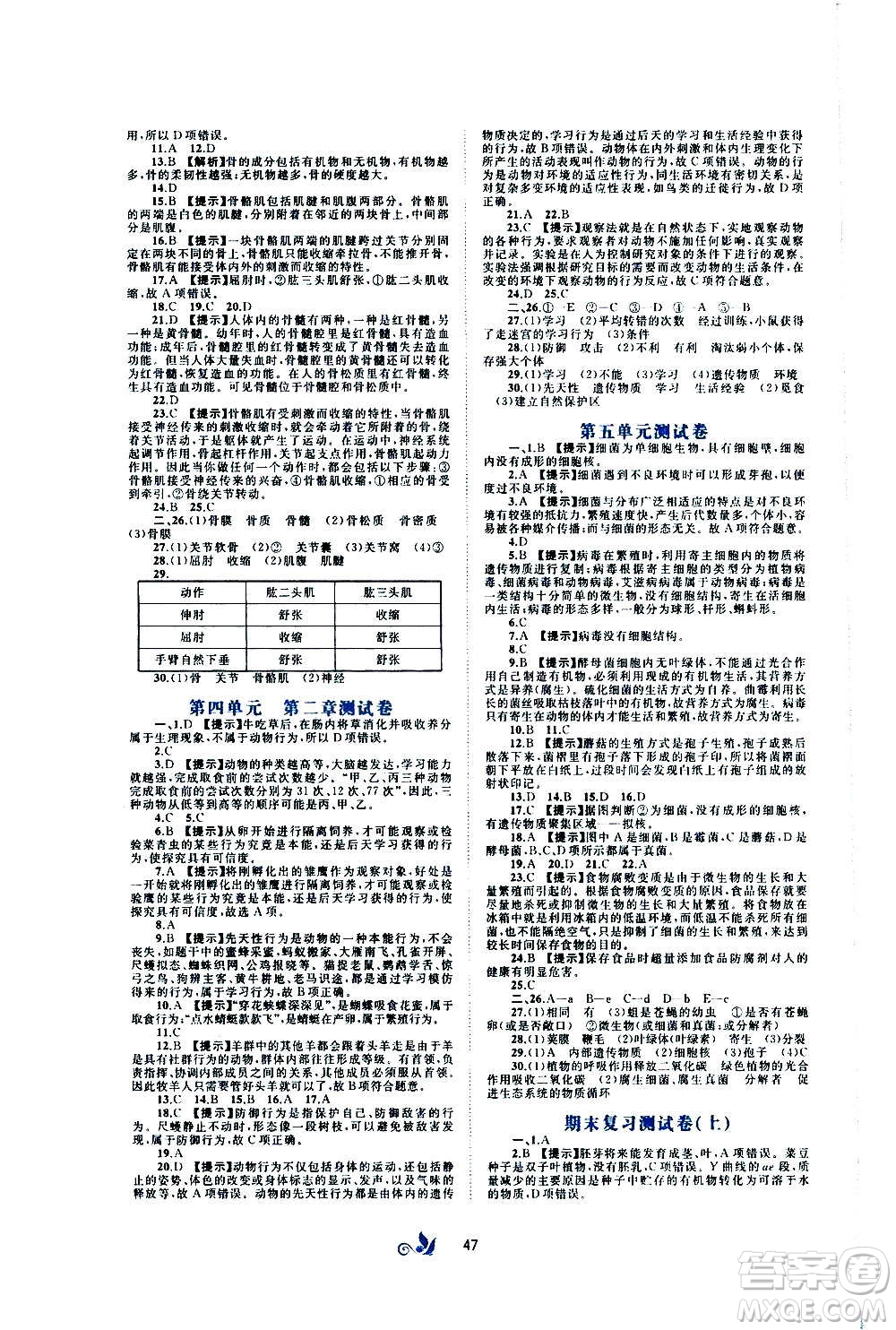 廣西教育出版社2020初中新課程學(xué)習(xí)與測(cè)評(píng)單元雙測(cè)生物八年級(jí)上冊(cè)C版答案