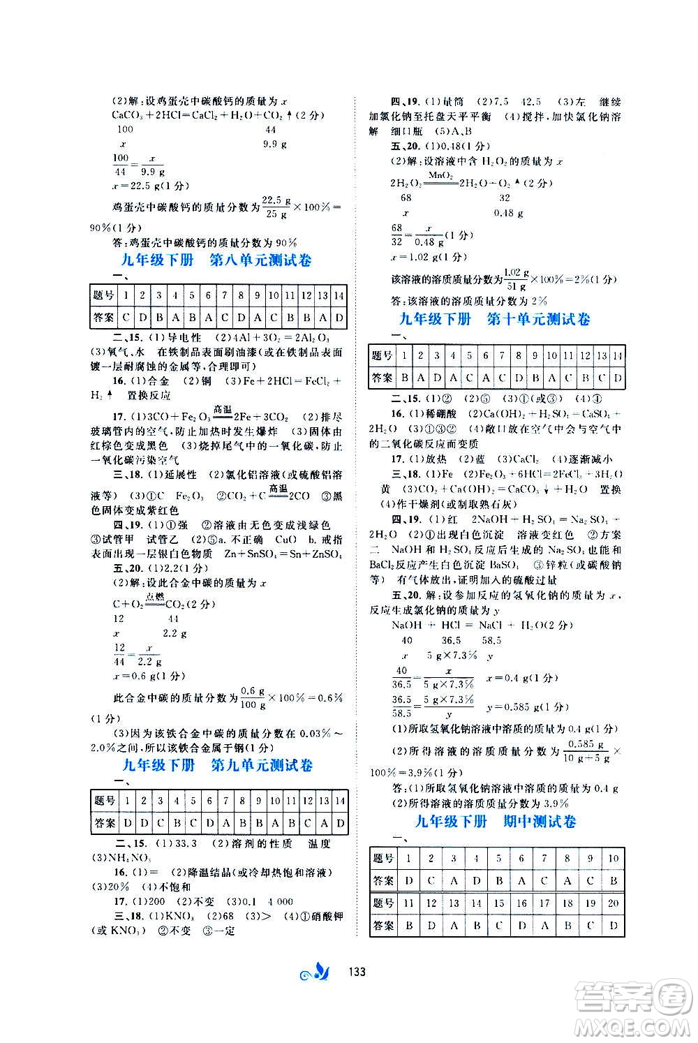 廣西教育出版社2020初中新課程學(xué)習(xí)與測(cè)評(píng)單元雙測(cè)化學(xué)九年級(jí)全一冊(cè)A版答案