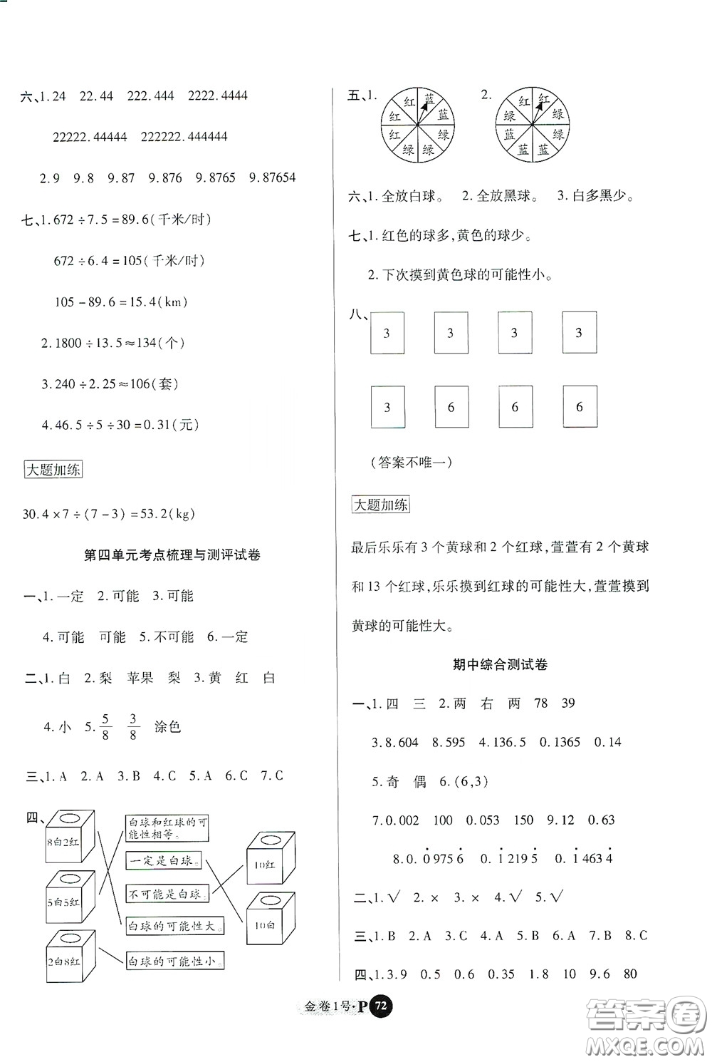 2020秋培優(yōu)金卷1號(hào)全能卷五年級(jí)數(shù)學(xué)上冊(cè)答案