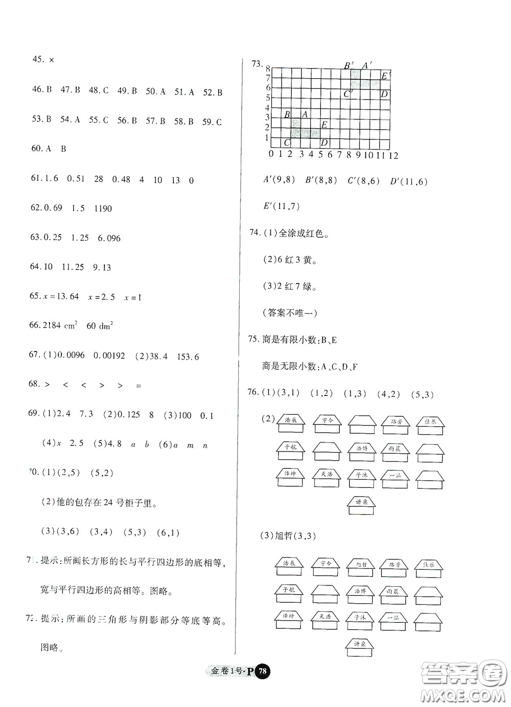 2020秋培優(yōu)金卷1號(hào)全能卷五年級(jí)數(shù)學(xué)上冊(cè)答案