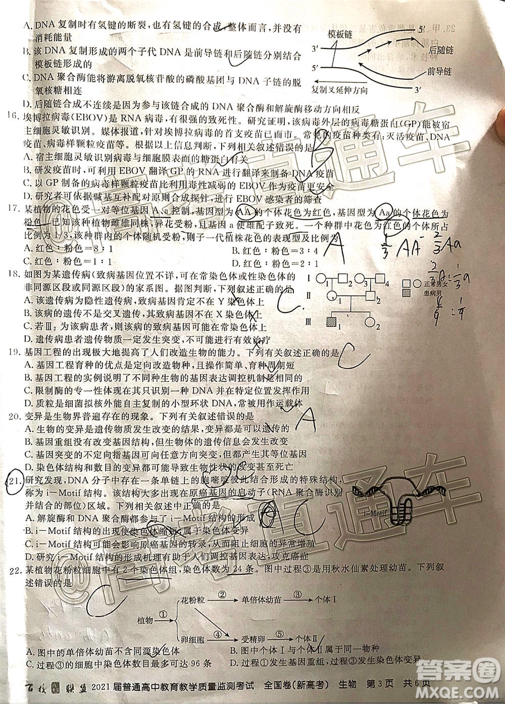 百校聯(lián)盟2021屆普通高中教育教學(xué)質(zhì)量監(jiān)測考試全國卷新高考生物試題及答案