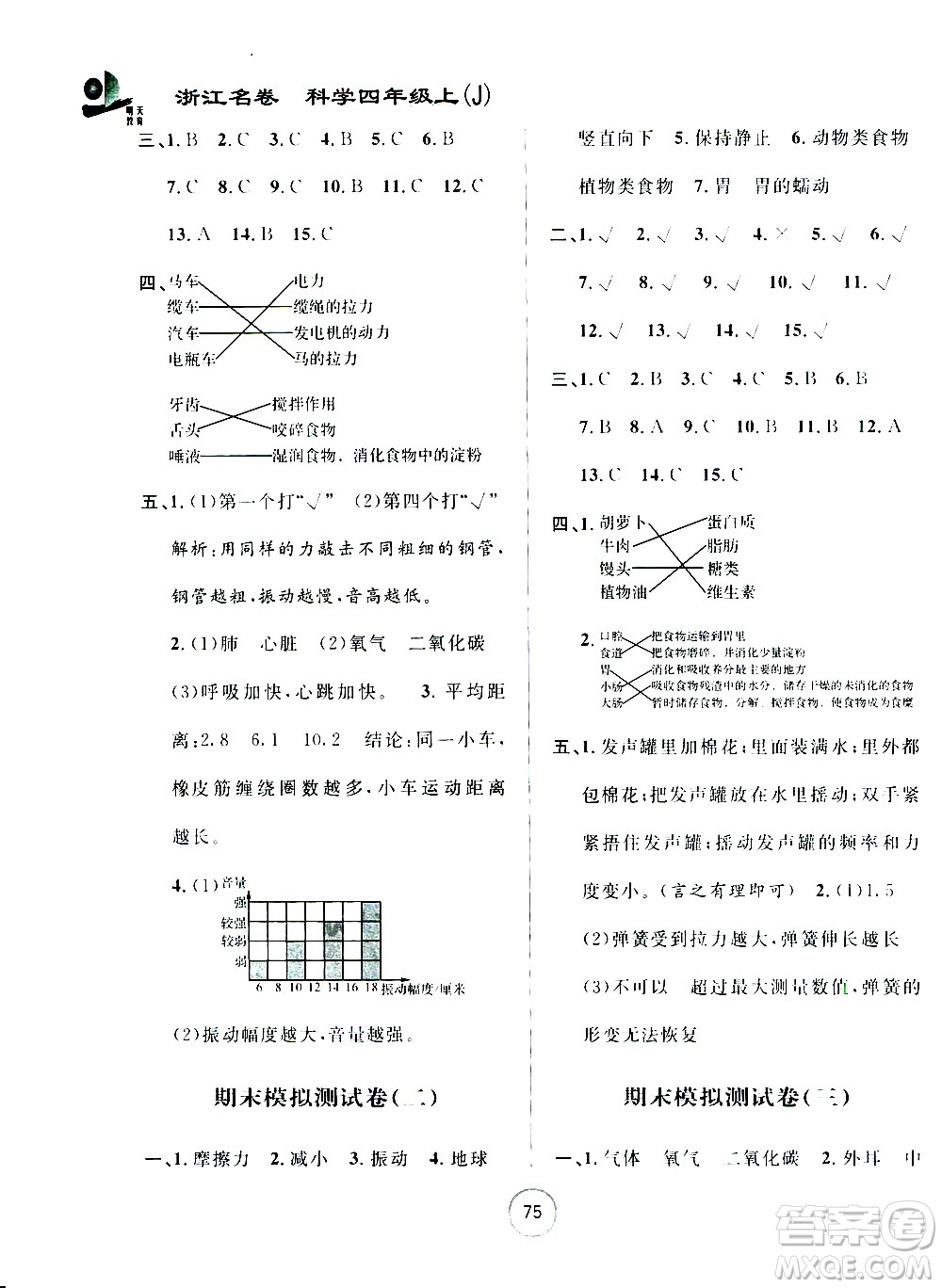 浙江大學出版社2020年浙江名卷科學四年級上冊J教科版答案