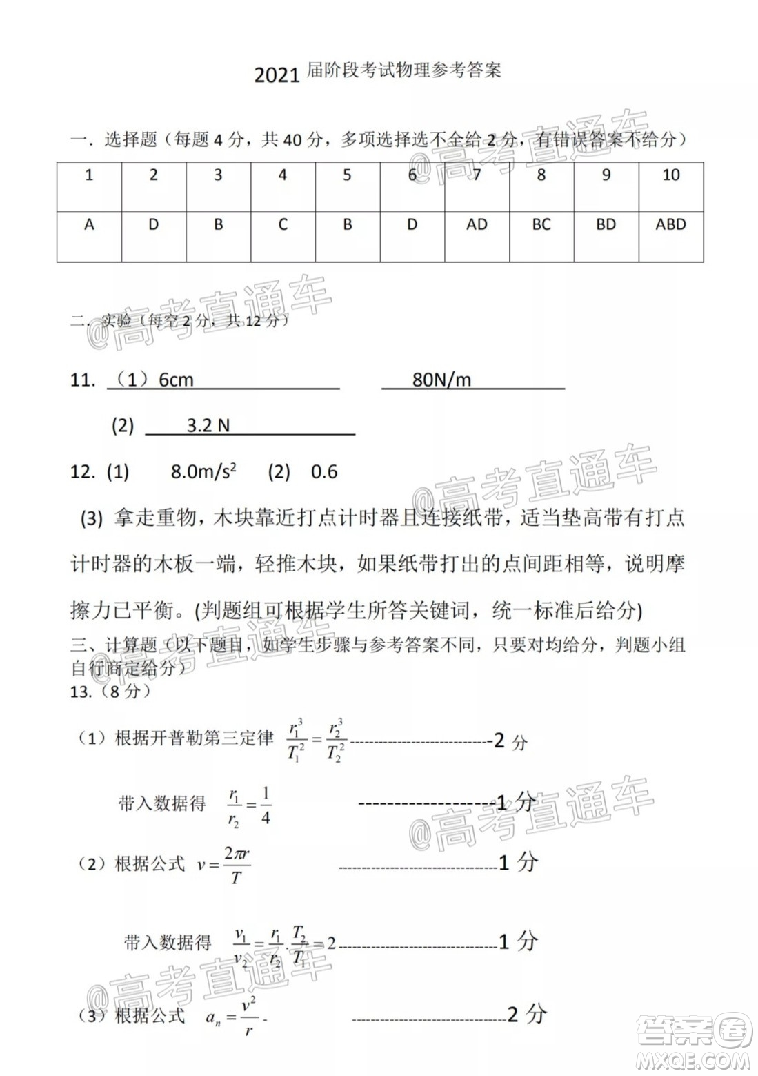 2021屆呼和浩特市高三年級質(zhì)量普查調(diào)研考試物理試題及答案