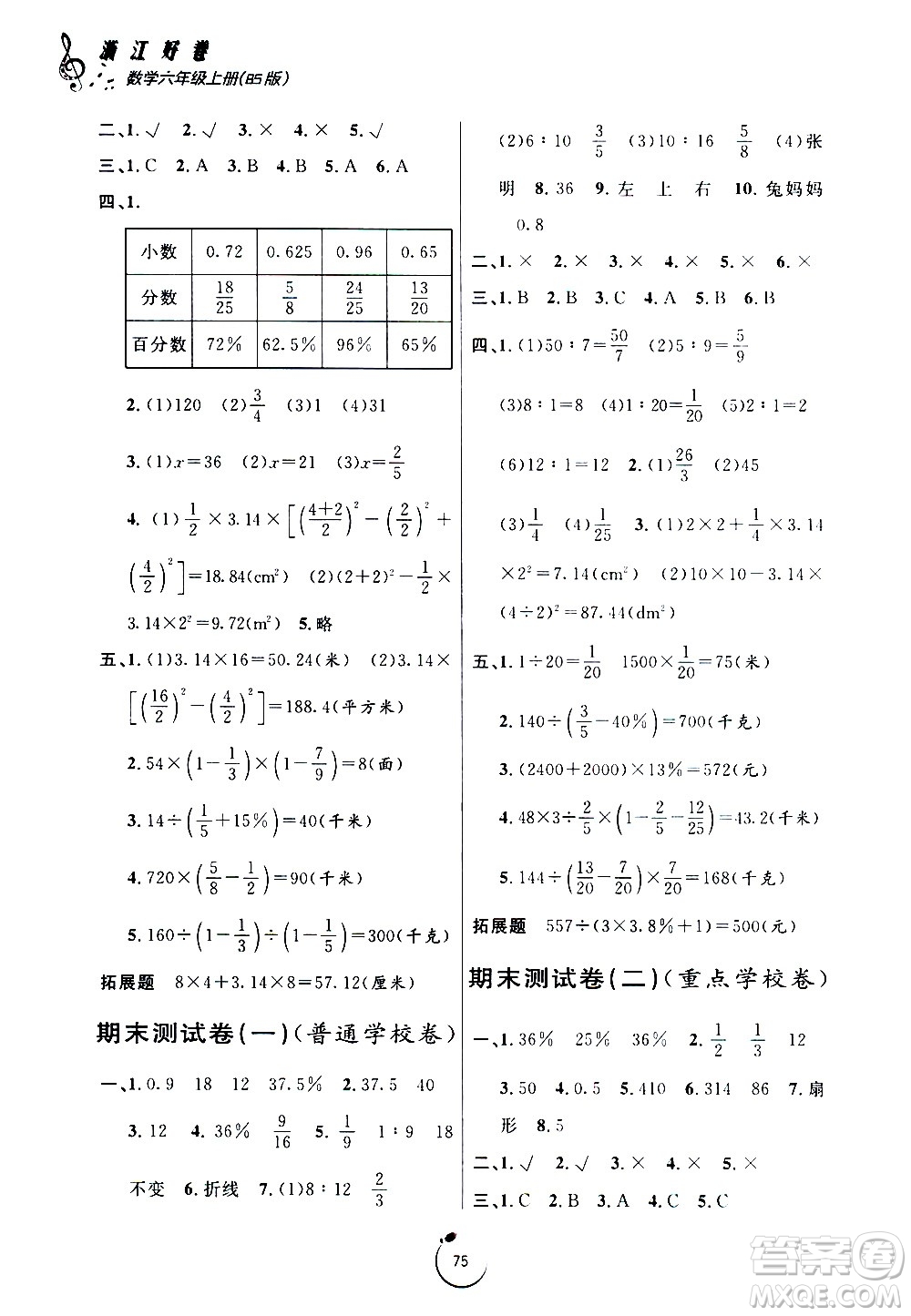 寧波出版社2020年浙江好卷數(shù)學(xué)六年級上冊BS北師版答案