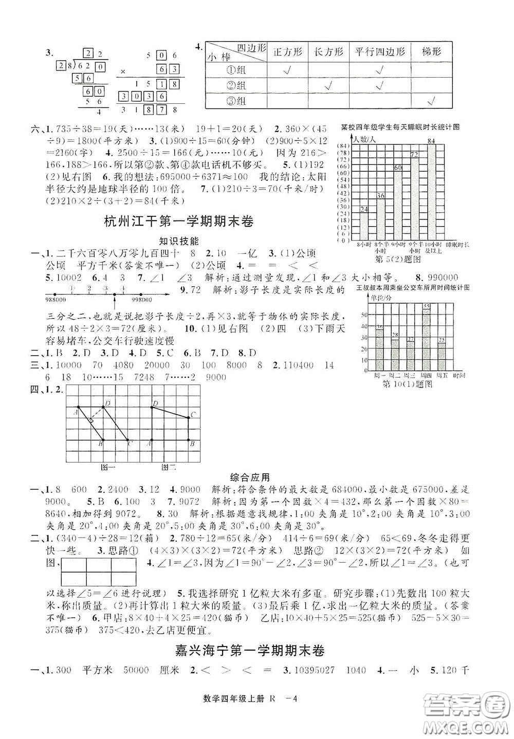 寧波出版社2020浙江各地期末迎考卷四年級數(shù)學上冊人教版答案