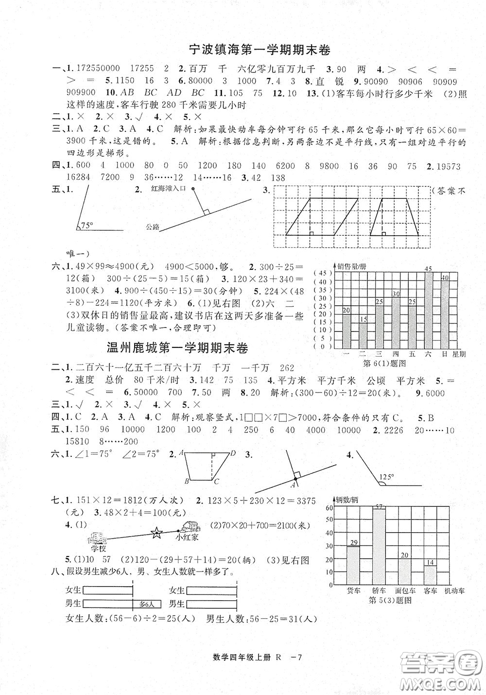 寧波出版社2020浙江各地期末迎考卷四年級數(shù)學上冊人教版答案