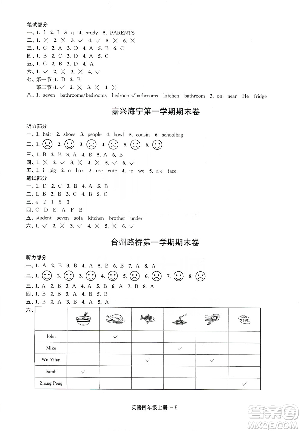 寧波出版社2020浙江各地期末迎考卷四年級英語上冊人教版答案