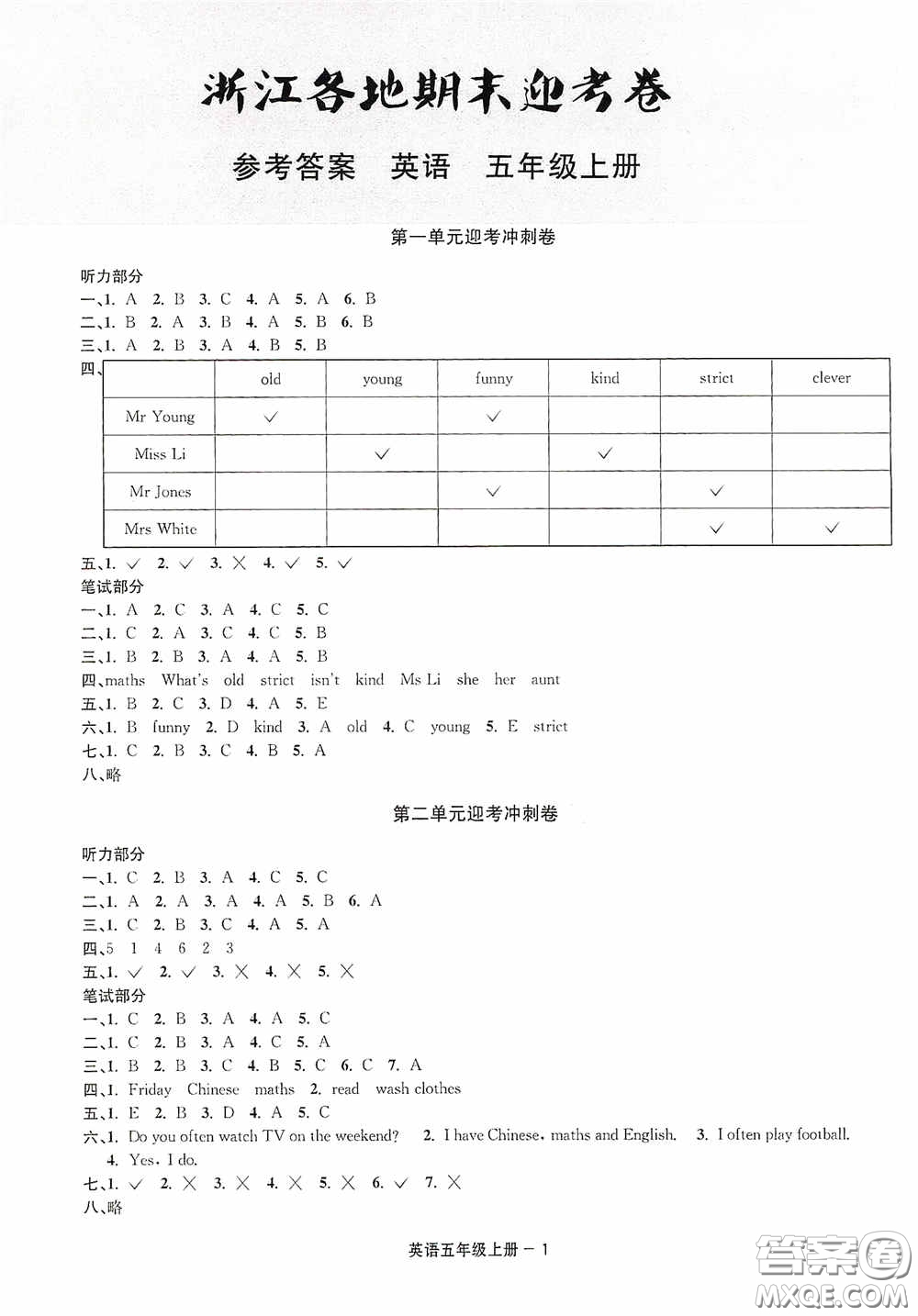 寧波出版社2020浙江各地期末迎考卷五年級英語上冊PEP人教版答案