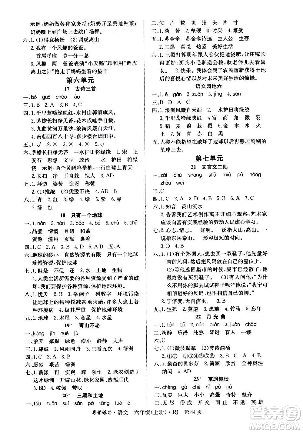 延邊教育出版社2020導(dǎo)學(xué)練習(xí)樂享語文六年級(jí)上冊(cè)RJ人教版答案