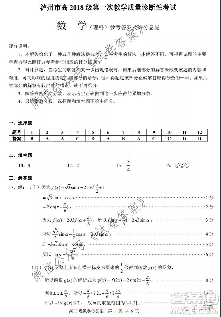 瀘州市高2018第一次教學質量診斷性考試理科數(shù)學試題及答案