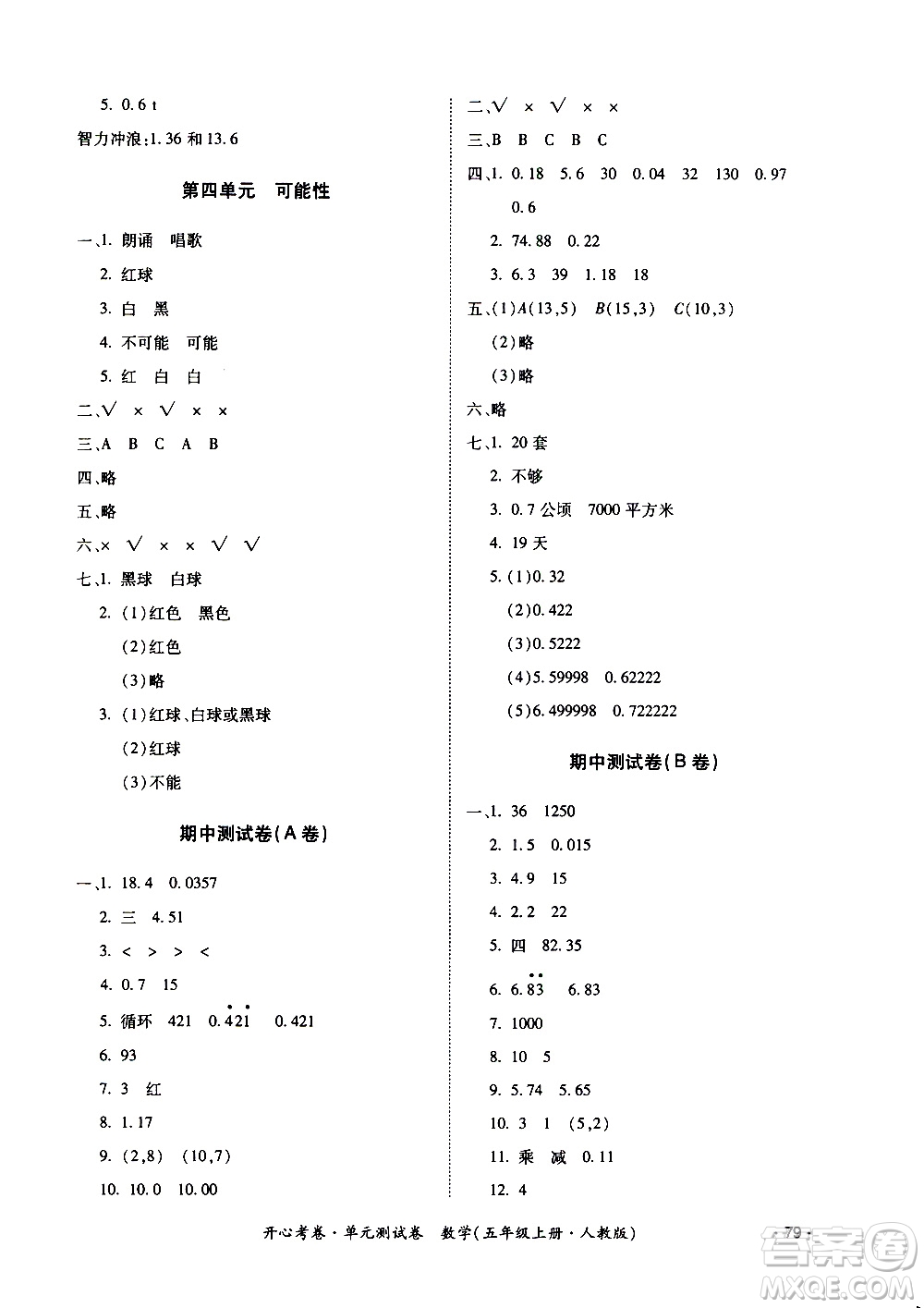 江西高校出版社2020開心考卷單元測試卷數(shù)學(xué)五年級上冊人教版答案