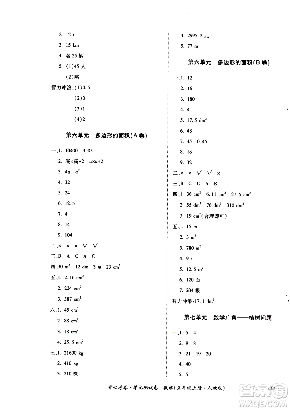 江西高校出版社2020開心考卷單元測試卷數(shù)學(xué)五年級上冊人教版答案