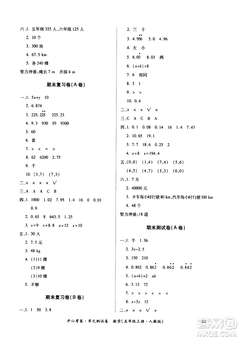 江西高校出版社2020開心考卷單元測試卷數(shù)學(xué)五年級上冊人教版答案