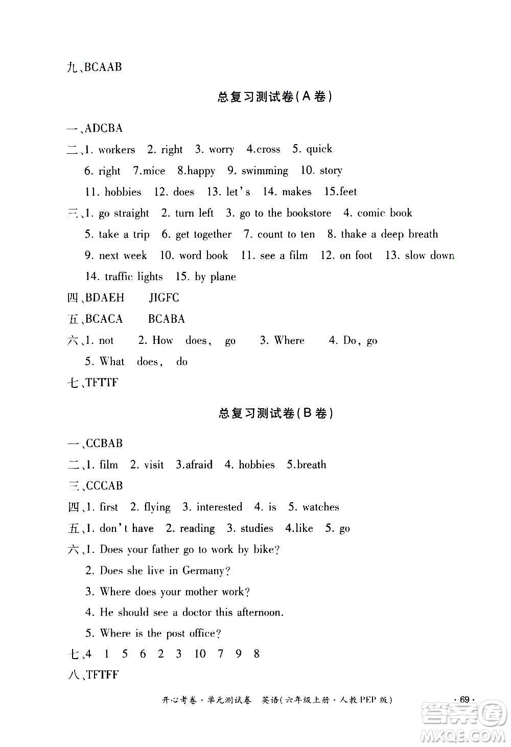 江西高校出版社2020開心考卷單元測試卷英語六年級上冊人教版答案