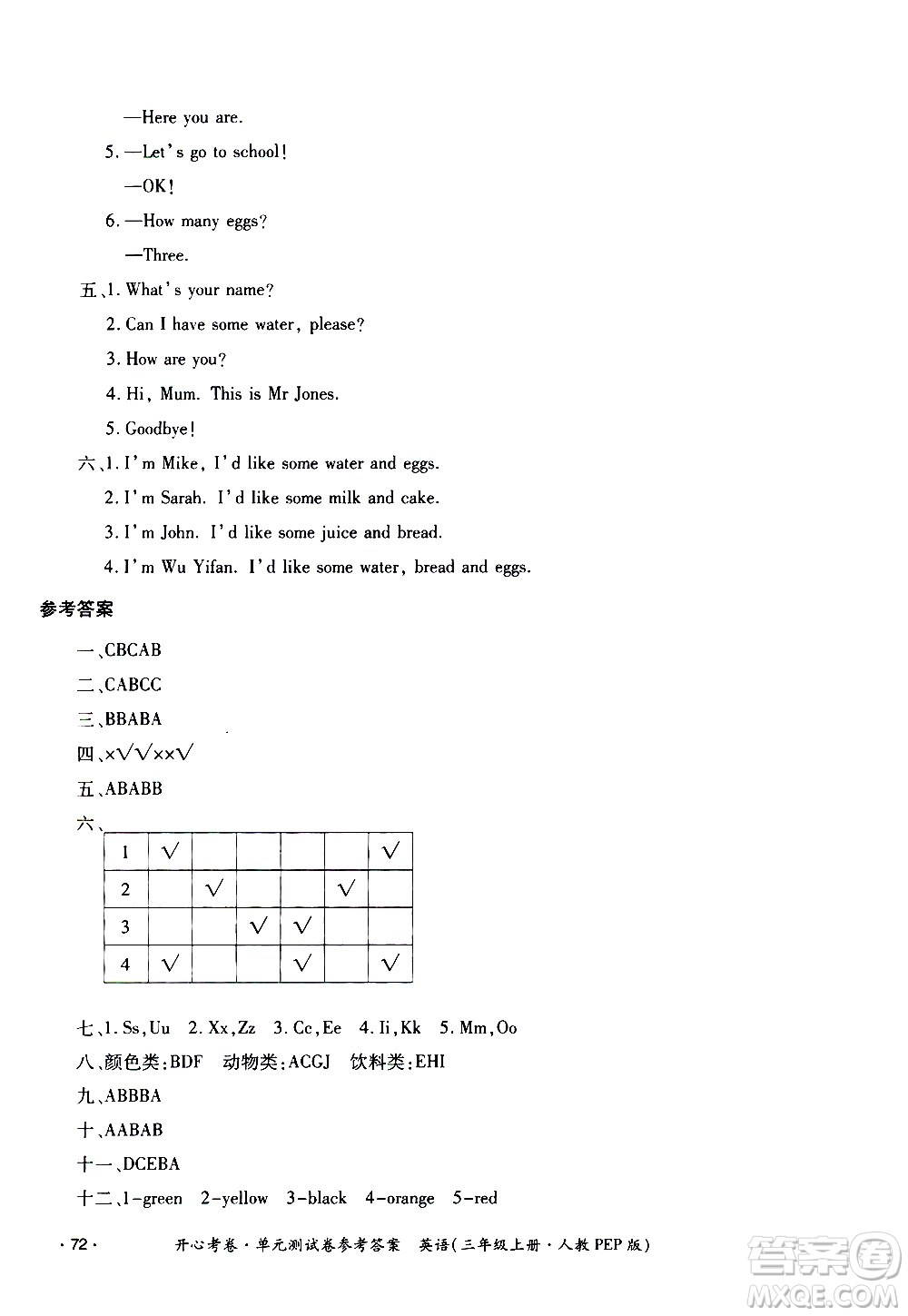 江西高校出版社2020開心考卷單元測試卷英語三年級上冊人教版答案