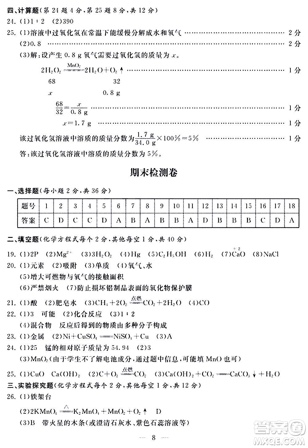 山東科學(xué)技術(shù)出版社2020單元檢測(cè)卷化學(xué)九年級(jí)上下冊(cè)人教版答案