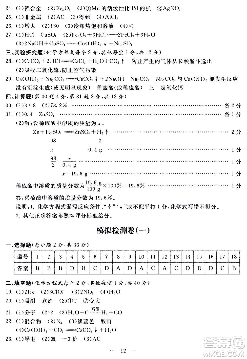 山東科學(xué)技術(shù)出版社2020單元檢測(cè)卷化學(xué)九年級(jí)上下冊(cè)人教版答案