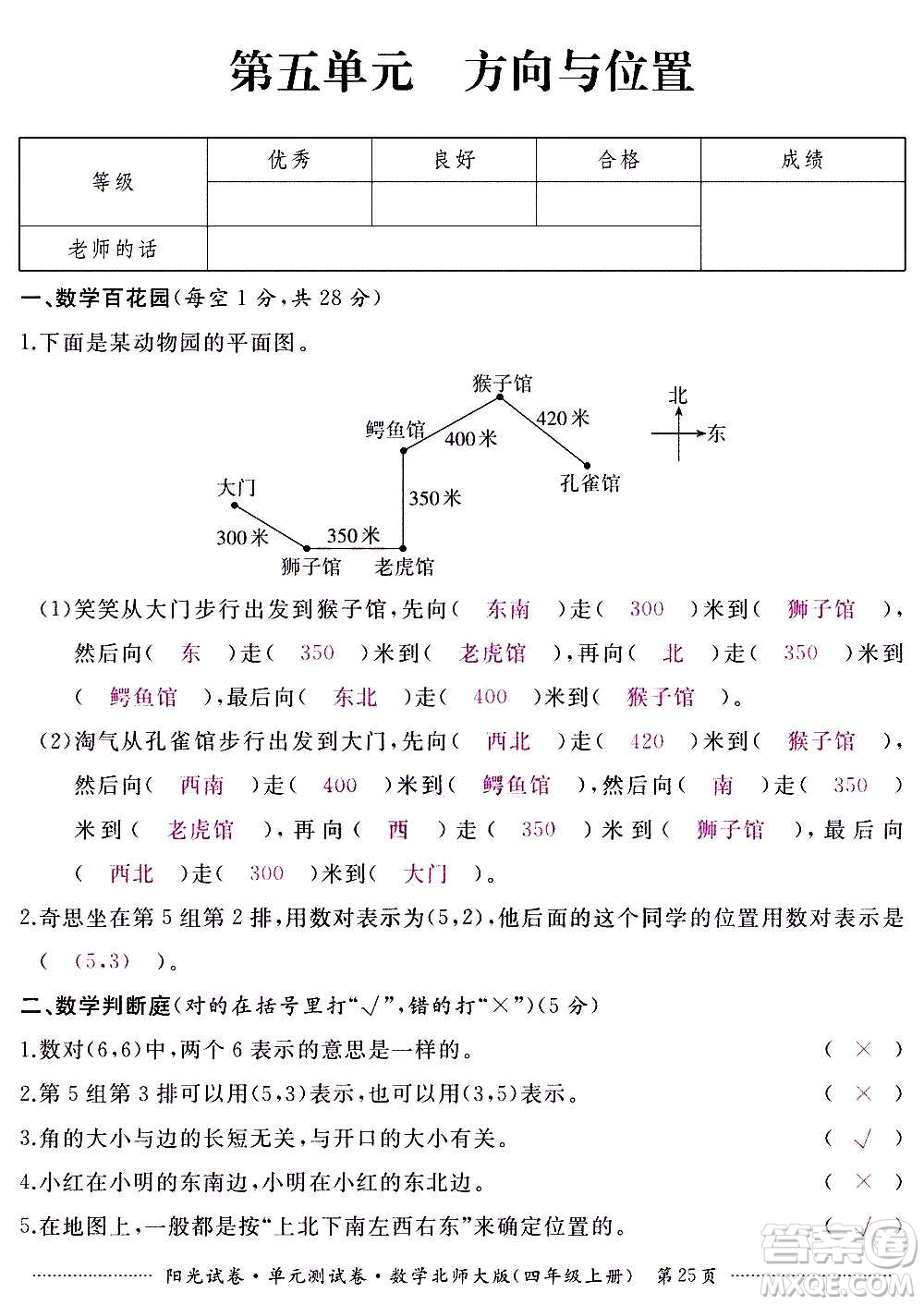 江西高校出版社2020陽(yáng)光試卷單元測(cè)試卷數(shù)學(xué)四年級(jí)上冊(cè)北師大版答案