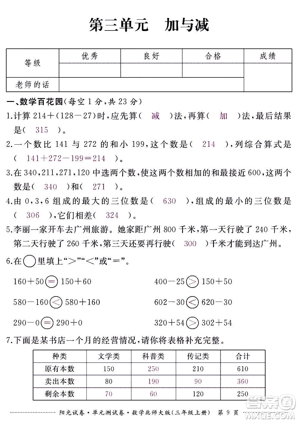 江西高校出版社2020陽(yáng)光試卷單元測(cè)試卷數(shù)學(xué)三年級(jí)上冊(cè)北師大版答案