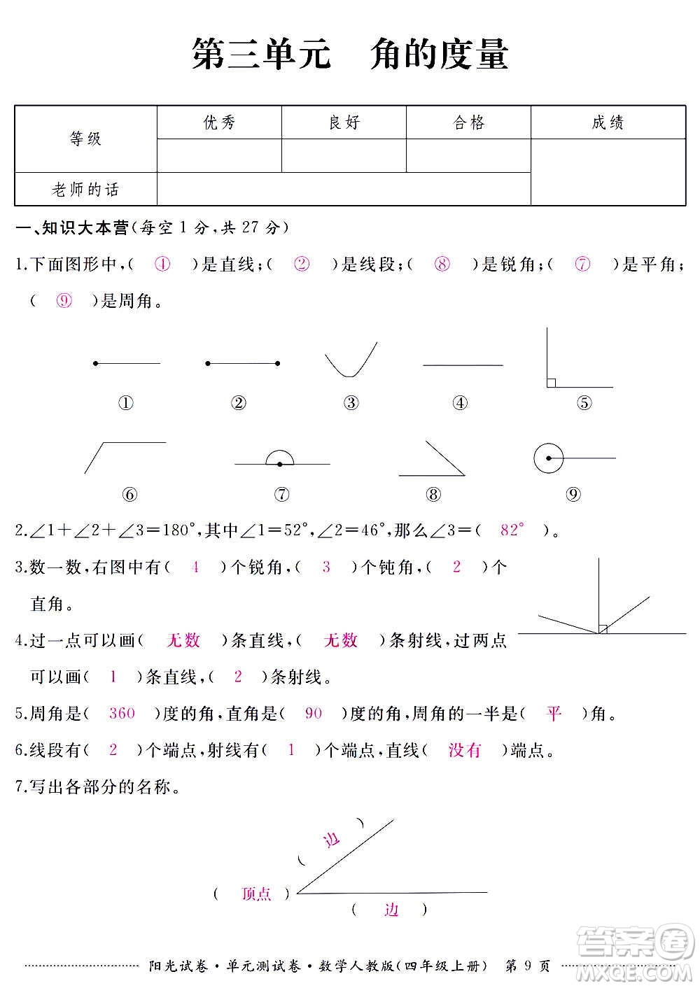 江西高校出版社2020陽(yáng)光試卷單元測(cè)試卷數(shù)學(xué)四年級(jí)上冊(cè)人教版答案