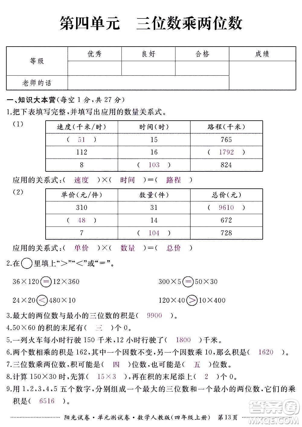 江西高校出版社2020陽(yáng)光試卷單元測(cè)試卷數(shù)學(xué)四年級(jí)上冊(cè)人教版答案