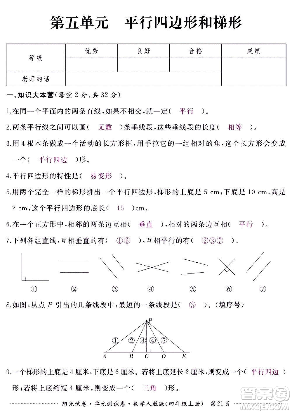 江西高校出版社2020陽(yáng)光試卷單元測(cè)試卷數(shù)學(xué)四年級(jí)上冊(cè)人教版答案