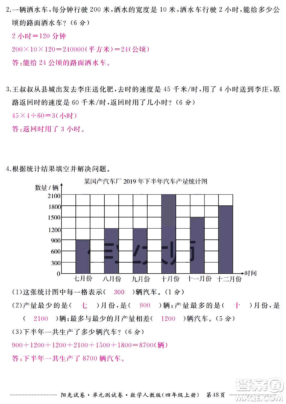 江西高校出版社2020陽(yáng)光試卷單元測(cè)試卷數(shù)學(xué)四年級(jí)上冊(cè)人教版答案