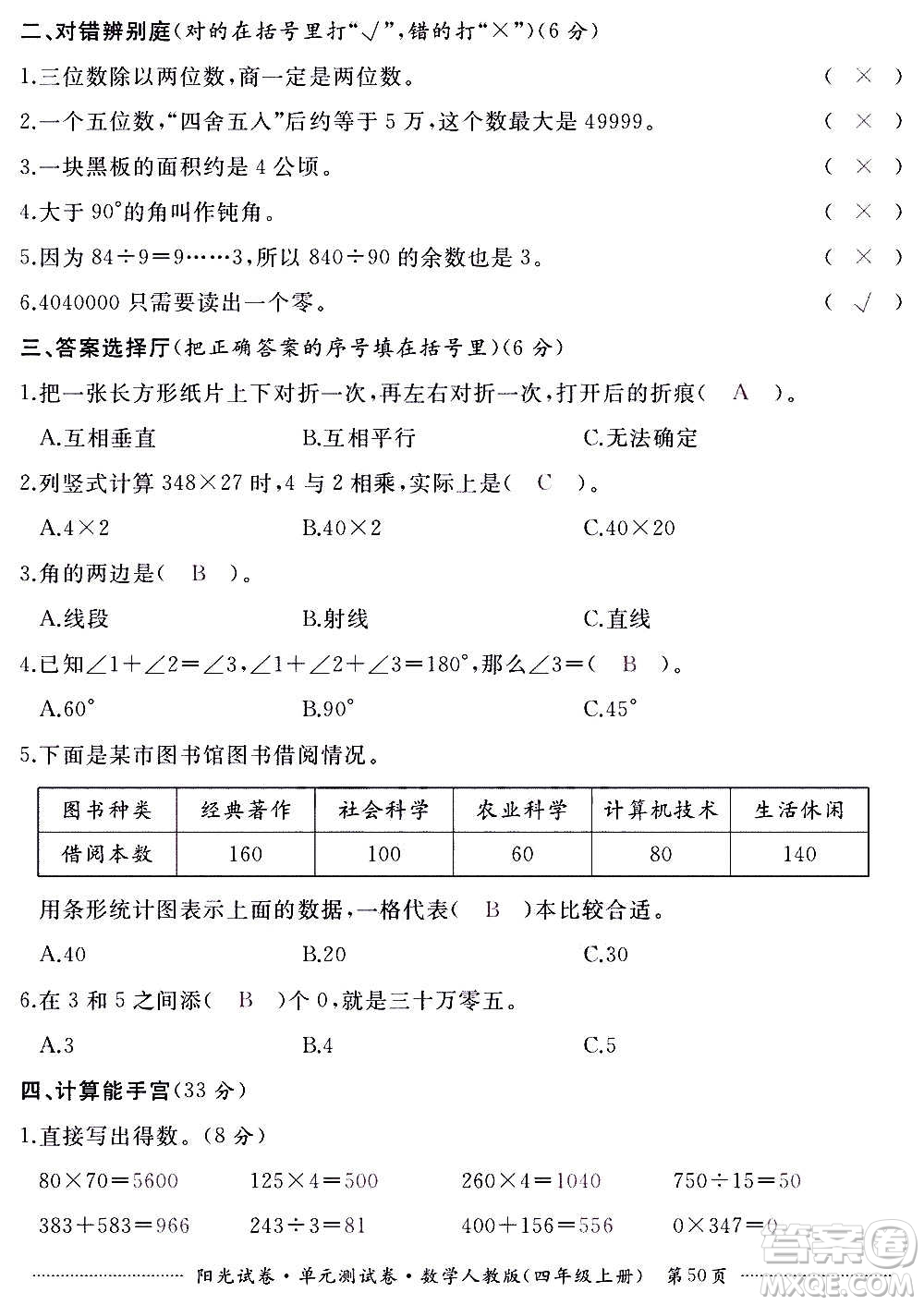 江西高校出版社2020陽(yáng)光試卷單元測(cè)試卷數(shù)學(xué)四年級(jí)上冊(cè)人教版答案