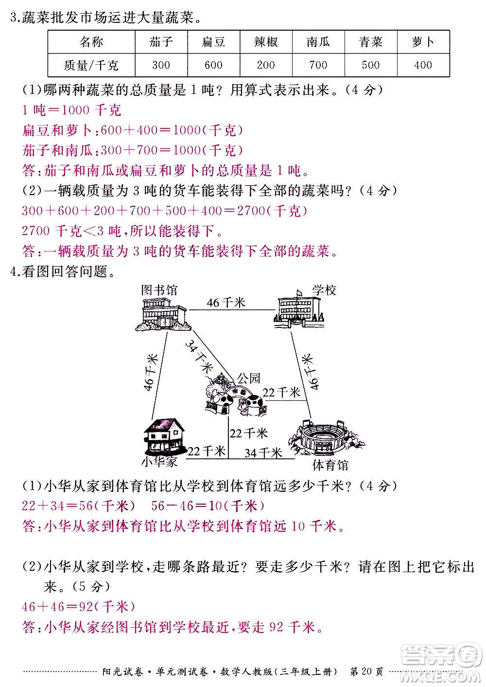 江西高校出版社2020陽(yáng)光試卷單元測(cè)試卷數(shù)學(xué)三年級(jí)上冊(cè)人教版答案