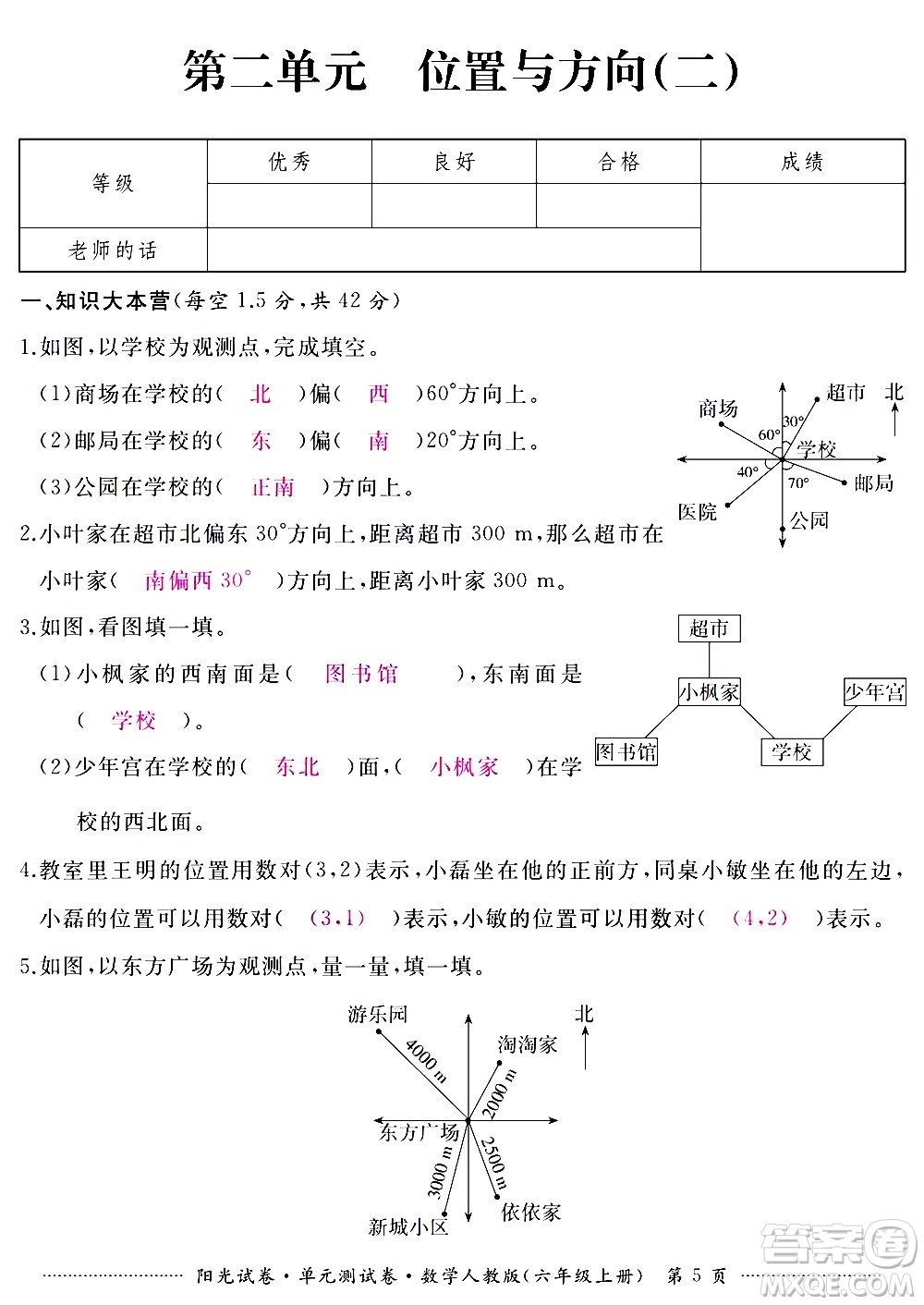 江西高校出版社2020陽光試卷單元測試卷數(shù)學六年級上冊人教版答案