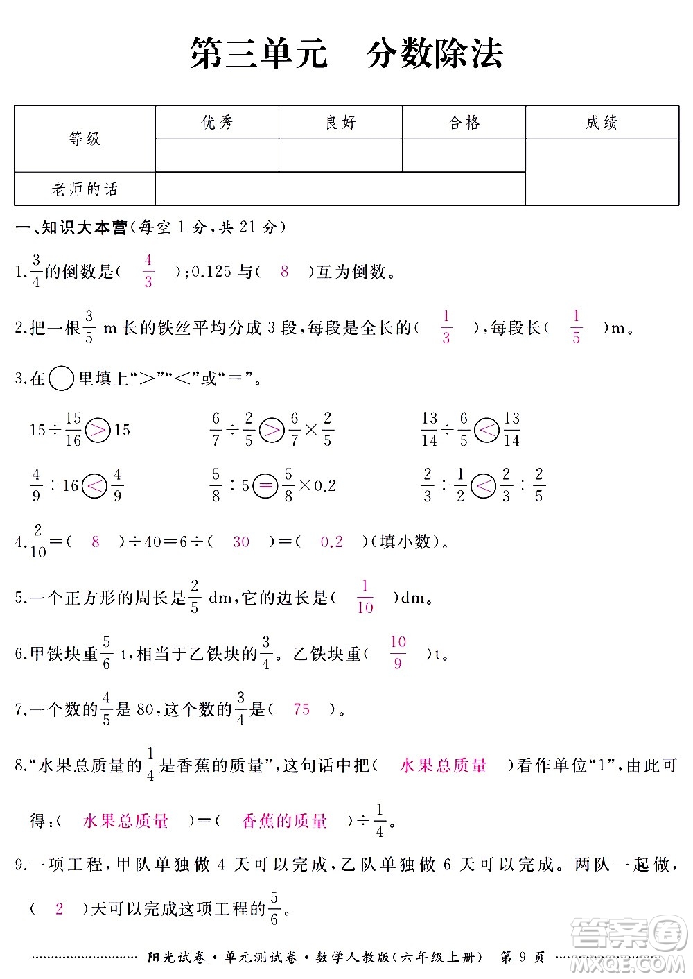 江西高校出版社2020陽光試卷單元測試卷數(shù)學六年級上冊人教版答案